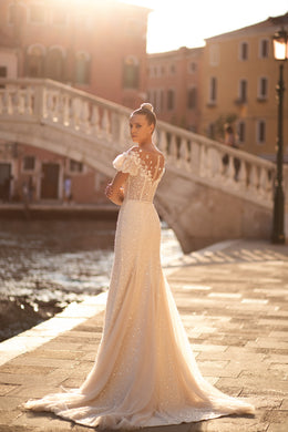 Mermaid Wedding Dress with Lace Short Sleeves, Buttons Back, and V-Neck