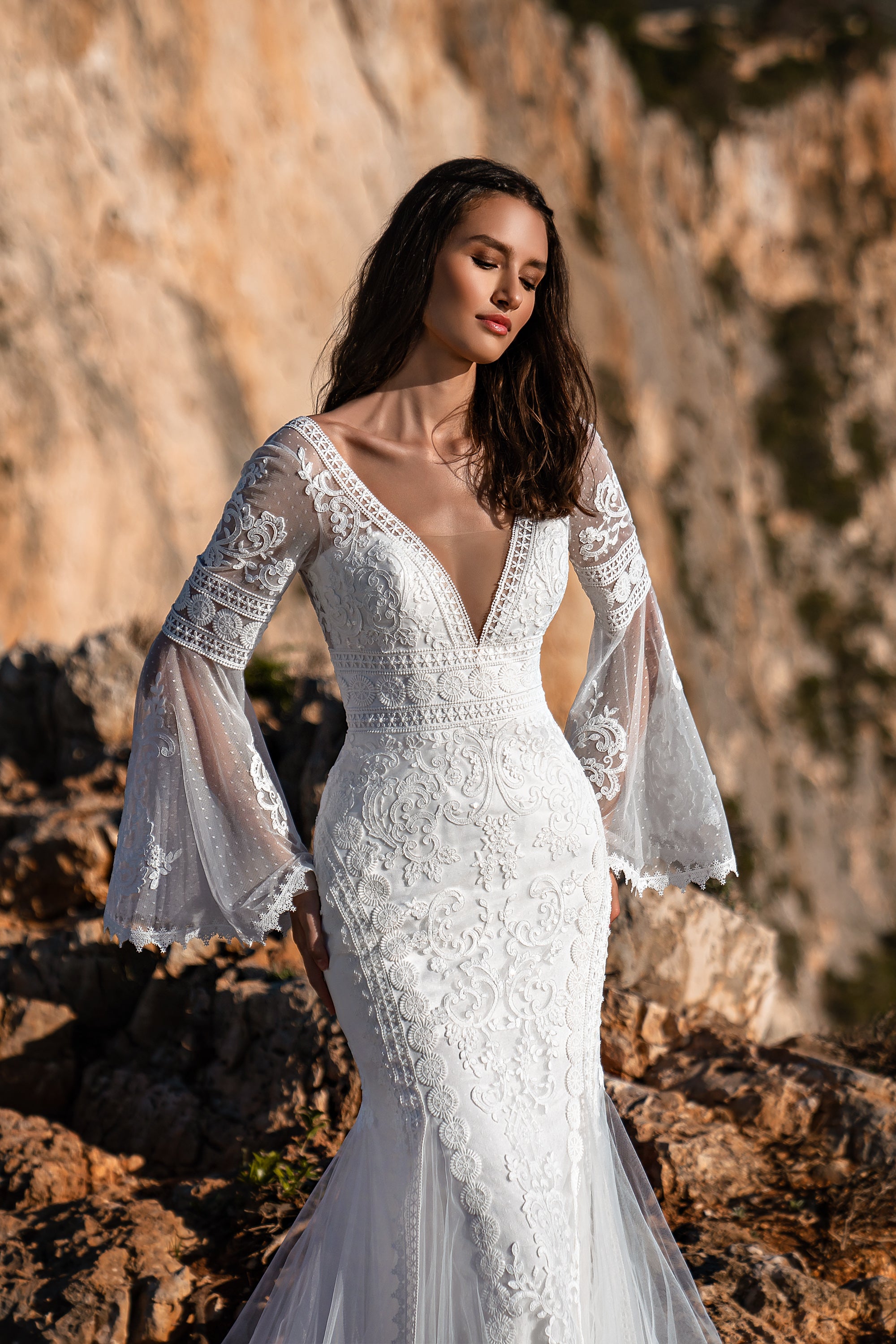 Mermaid Wedding Dress with Deep V-Neck and Flared Lace Sleeves