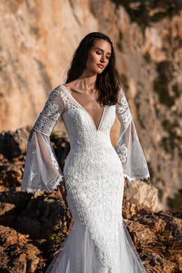 Mermaid Wedding Dress with Deep V-Neck and Flared Lace Sleeves