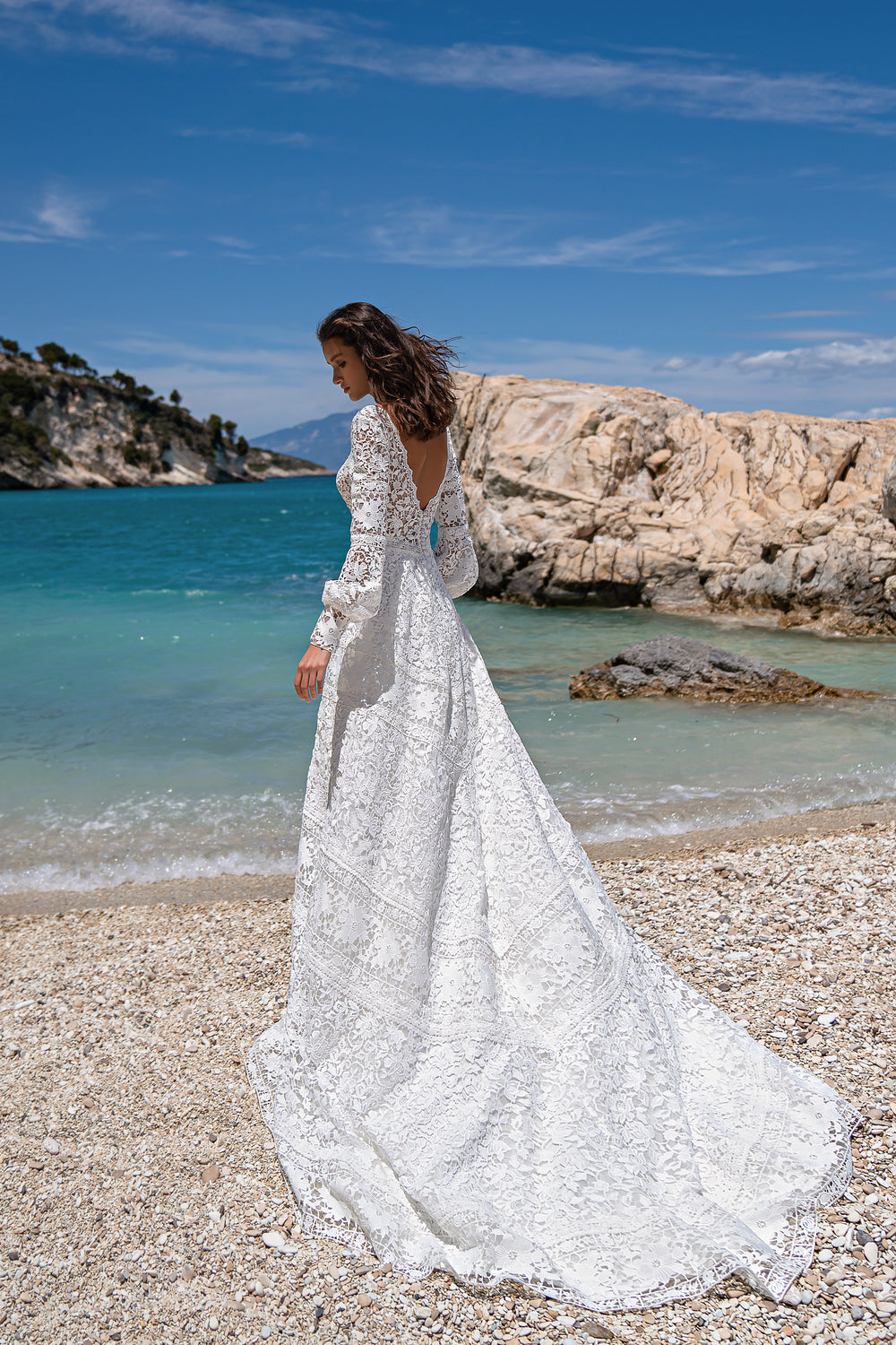Wedding Dress with Long Sleeves, Guipure-Macrame, Lace Embroidered with Velvet Thread, Deep V-Neck, Boho Belt Waistline