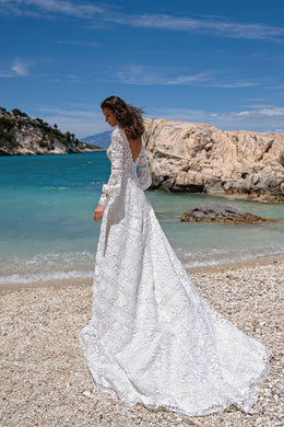 Wedding Dress with Long Sleeves, Guipure-Macrame, Lace Embroidered with Velvet Thread, Deep V-Neck, Boho Belt Waistline