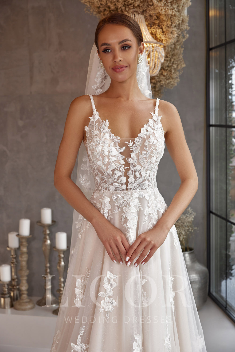 Romantic A-Line Wedding Dress with Tulle, Lace Appliqués, Sweetheart Neckline, Illusion Long Sleeves, Cathedral Train