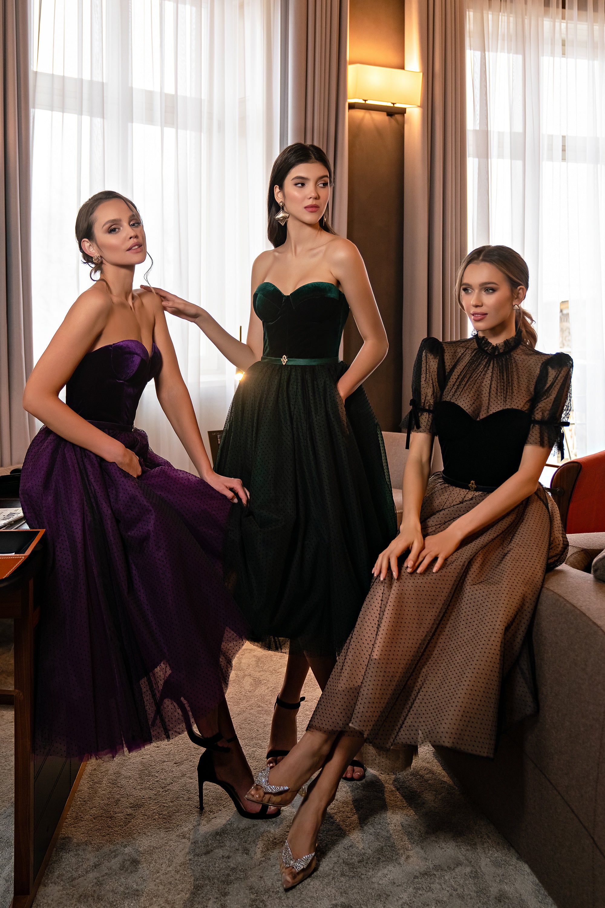 Designer Velvet Cocktail Dress with Detachable Translucent Bolero and