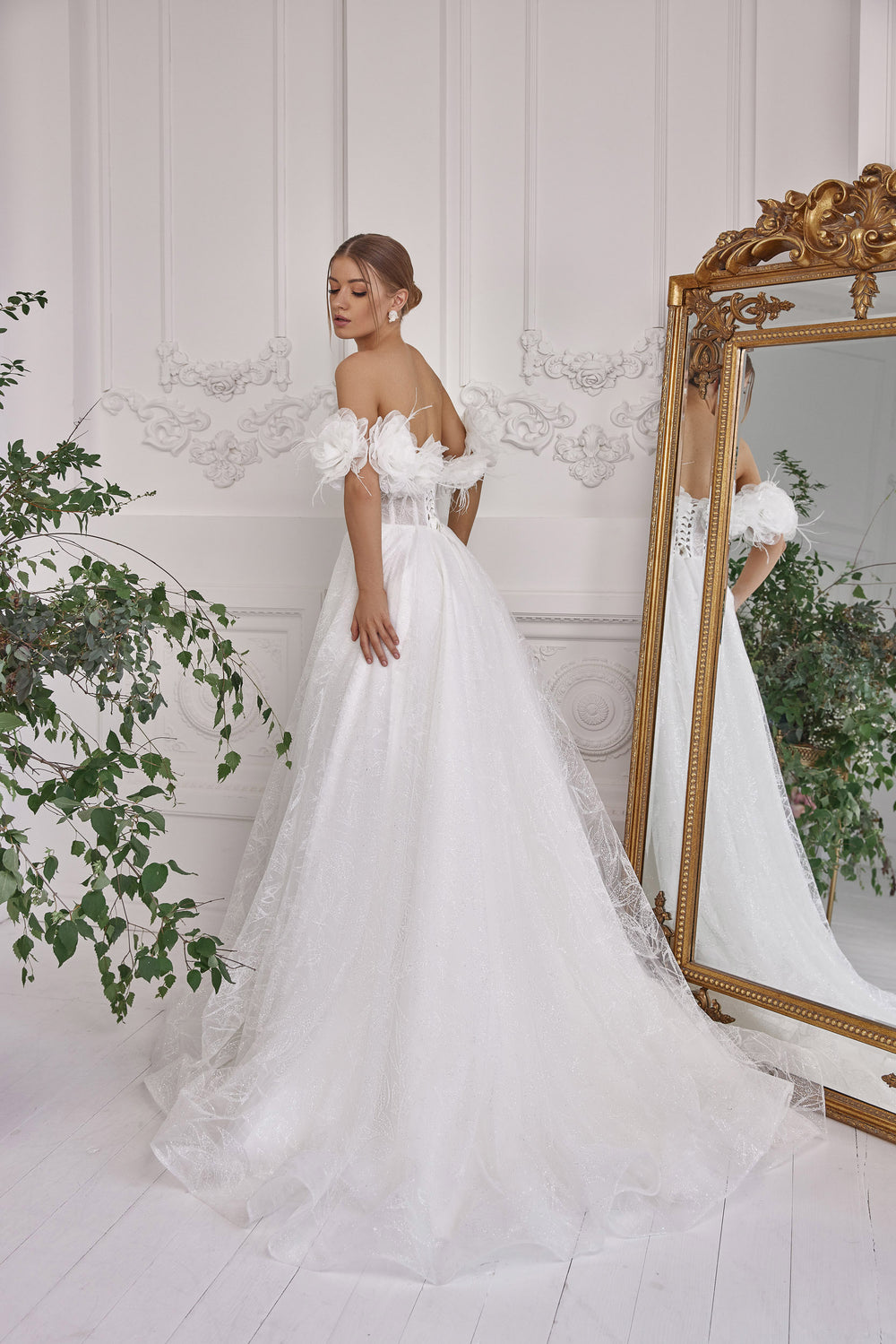 A-Line Wedding Dress with Lace Appliqués, Off-the-Shoulder Neckline, Puff Flutter Sleeves, Tulle Skirt, Beaded Bodice, Cathedral Train