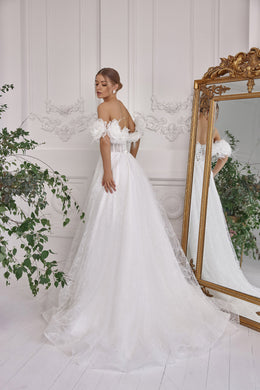 A-Line Wedding Dress with Off-the-Shoulder Floral Sleeves