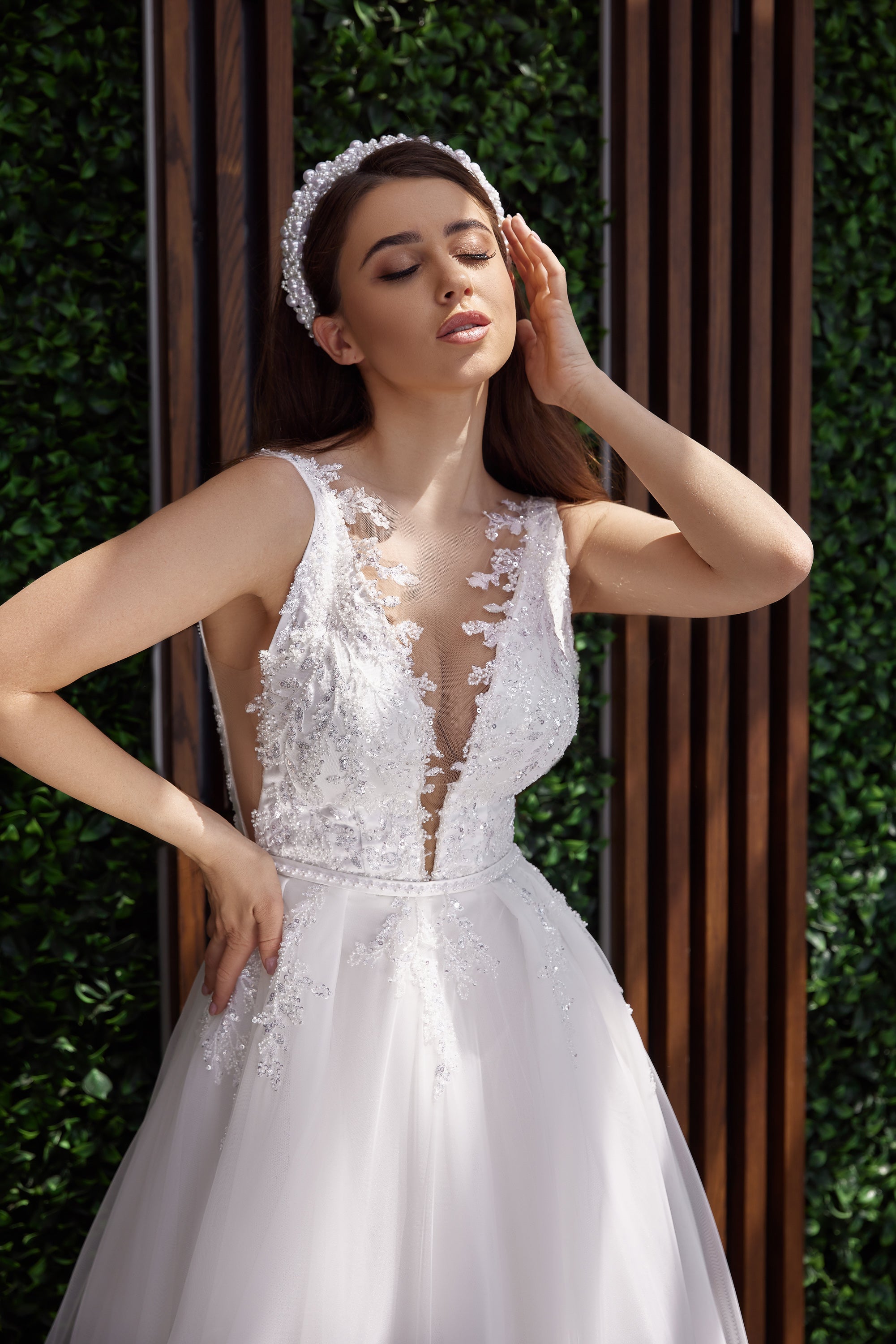 A-Line Wedding Dress With Lace Appliqués, Illusion V-Neck, Sleeveless, Tulle Skirt, Cathedral Train, Romantic Bridal Gown