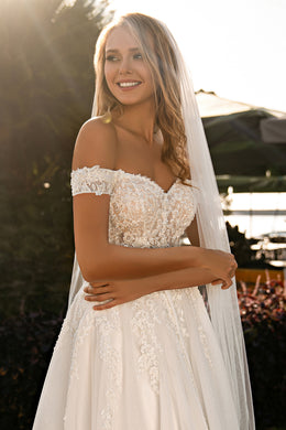 Beautiful Off-the-Shoulder Wedding Dress with Embroidered Guipure and Beads
