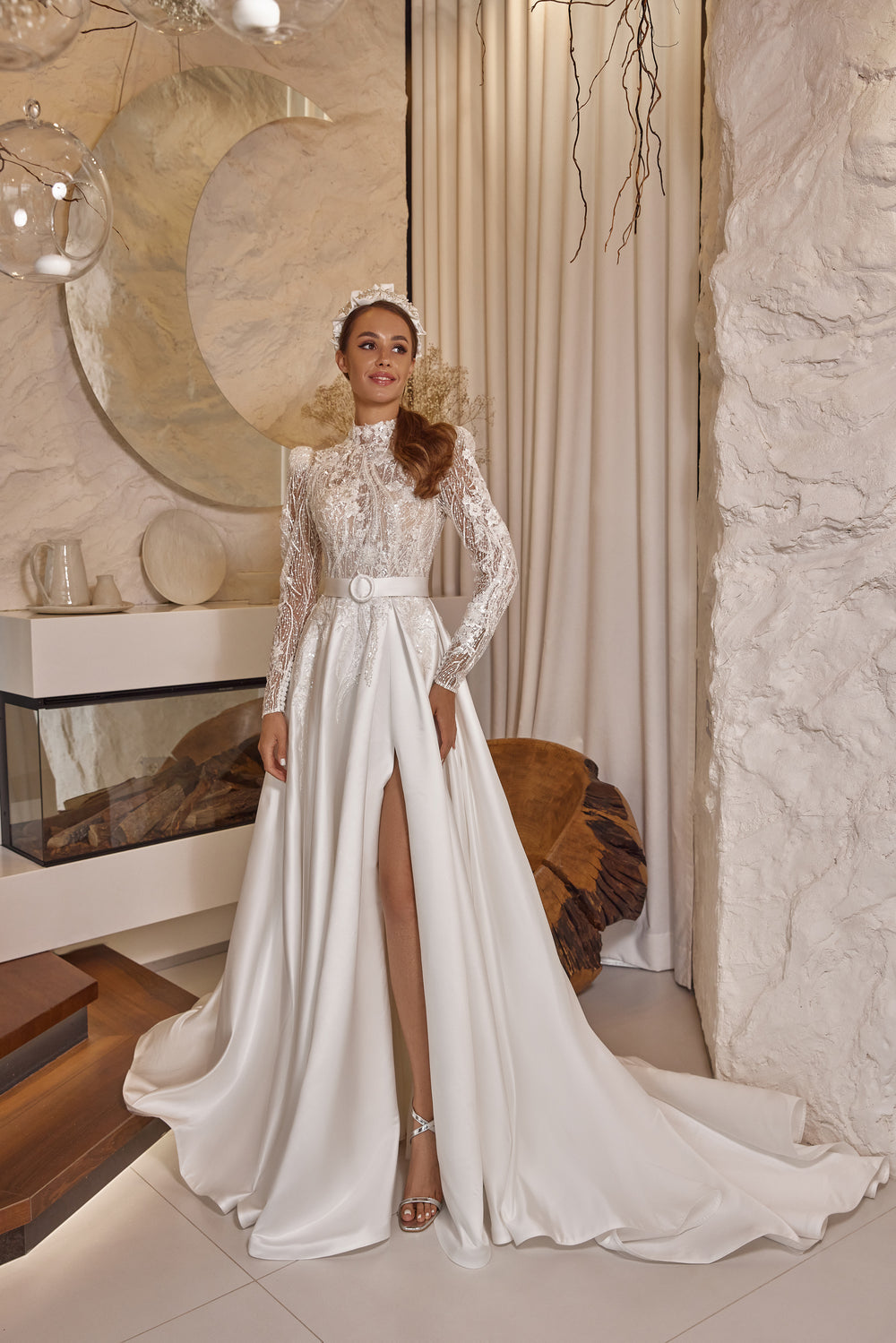 Ball Gown Wedding Dress with Lace Appliqués and Beading, High Neck Long Sleeve Lace Bodice, Satin Skirt, Cathedral Train