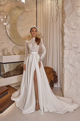 Ball Gown Wedding Dress with Lace Appliqués and Beading, High Neck Long Sleeve Lace Bodice, Satin Skirt, Cathedral Train