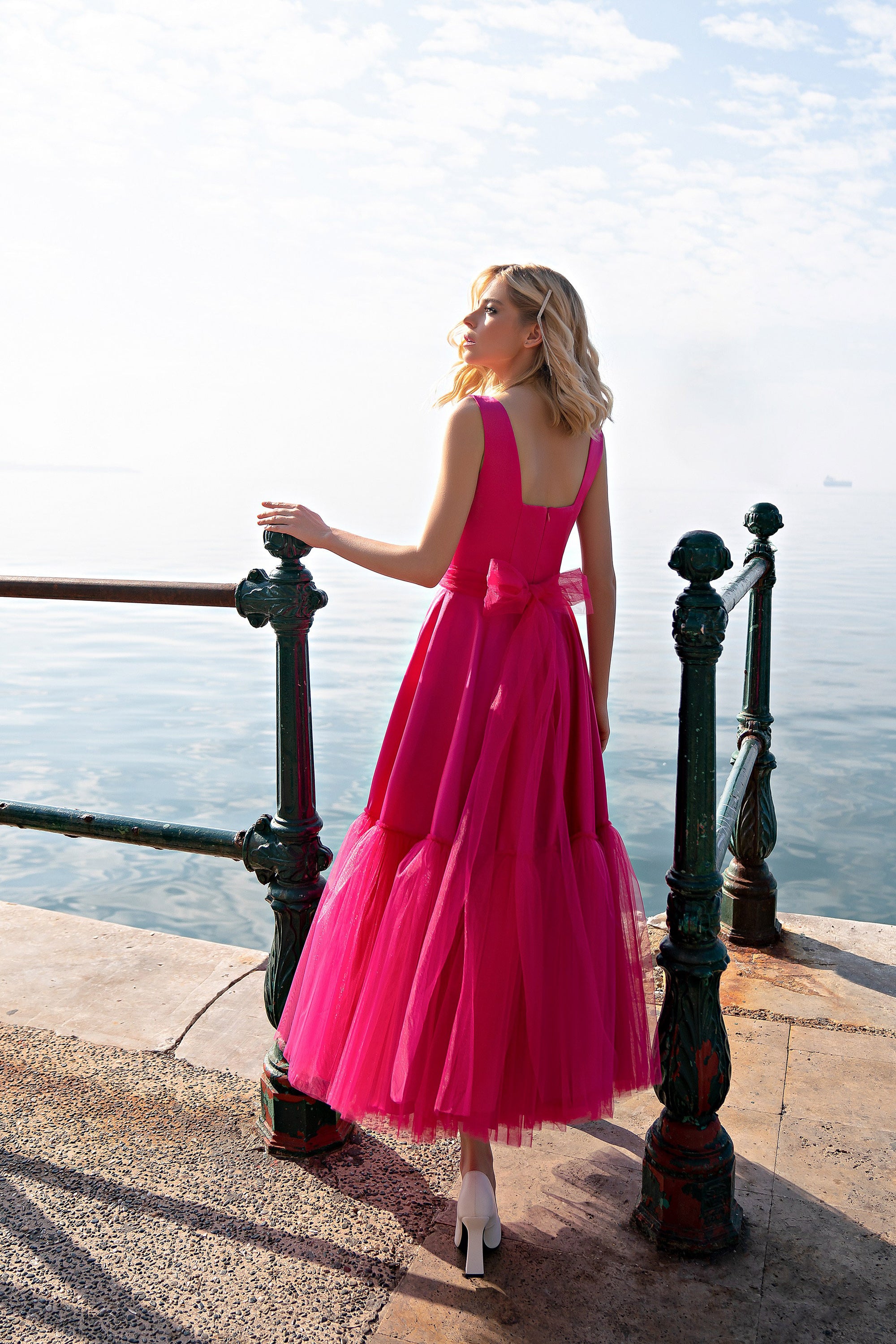 Women's Pink Party and Black Tulle Evening Dress