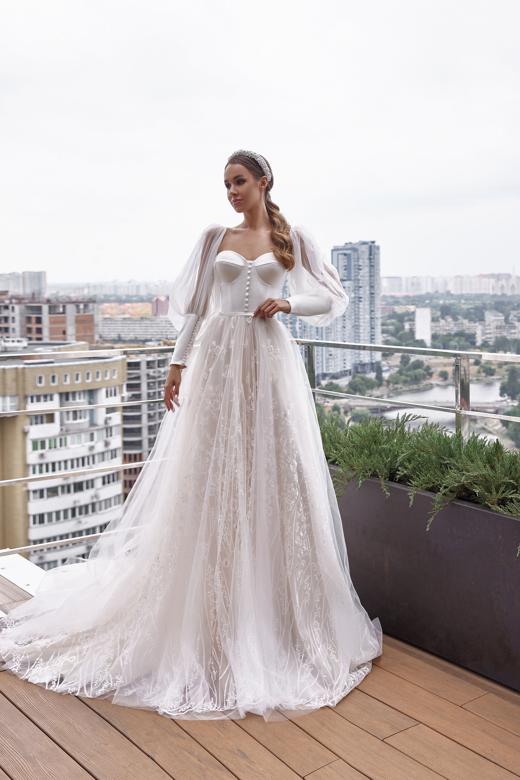 Romantic A-Line Wedding Dress With Sweetheart Neckline, Long Puff Sleeves, Tulle Overlay With Lace Appliqués, Embroidered Bodice