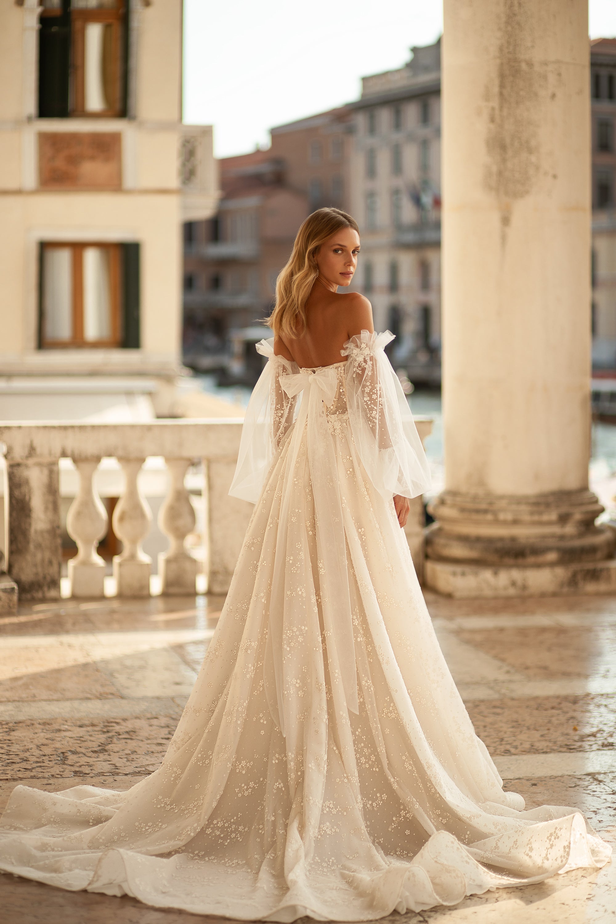 A-Line Wedding Gown Sweetheart with V-Neck, Lace, Flower Lace, Slit Skirt, Detachable Long Sleeves, and Bow at the Back