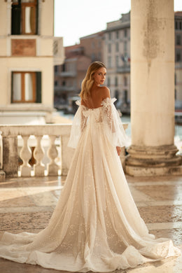 A-Line Wedding Gown Sweetheart with V-Neck, Lace, Flower Lace, Slit Skirt, Detachable Long Sleeves, and Bow at the Back