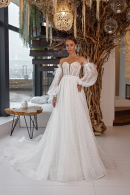 Exquisite A-Line Off-the-Shoulder Wedding Dress With Long Sleeves, Tulle With Lace Appliqués Embroidery, Cathedral Train