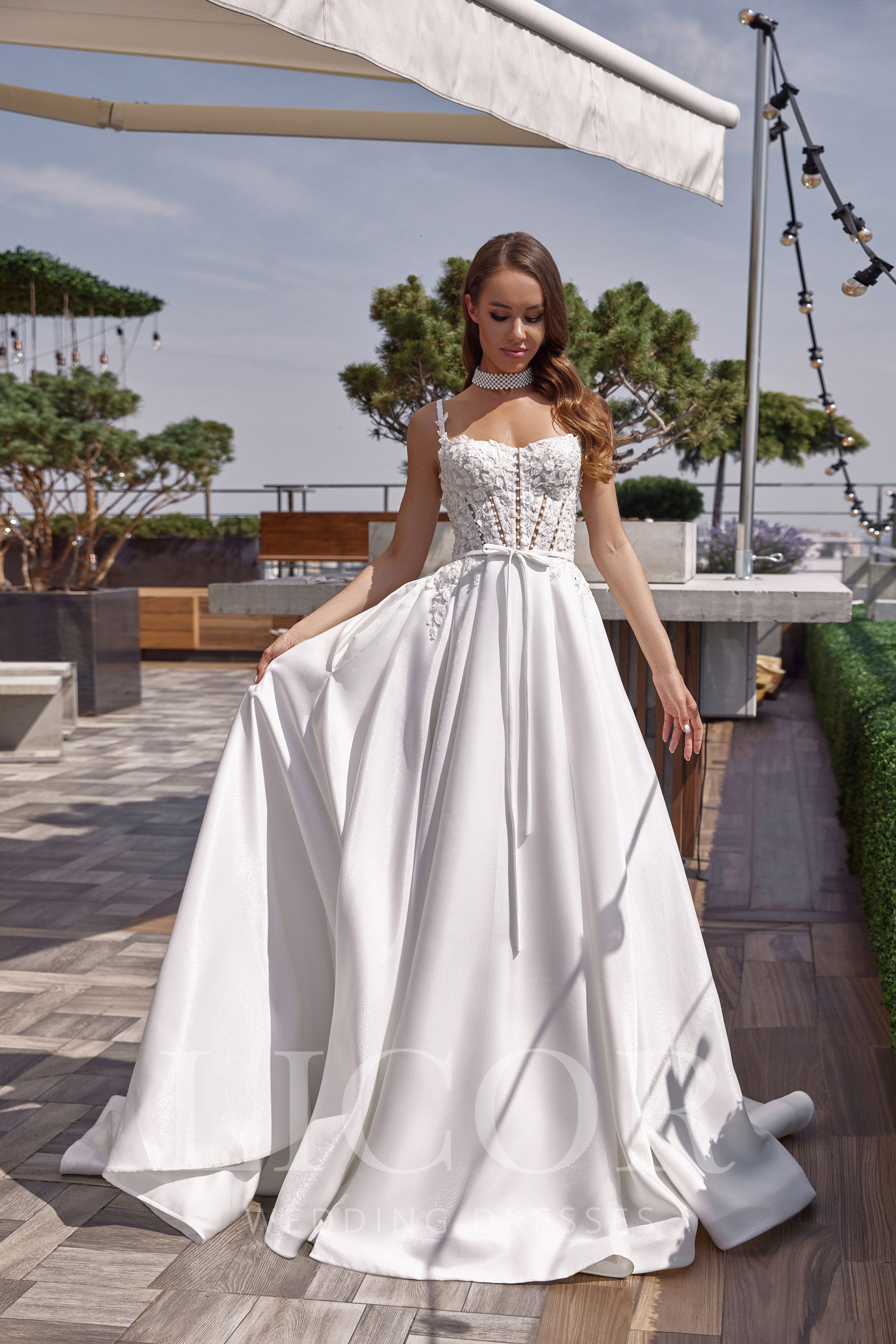 Romantic A-Line Wedding Dress With Satin Skirt, Lace Appliqués And Beading, Sweetheart Neckline, Sleeveless, Cathedral Train