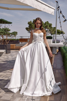 Romantic A-Line Wedding Dress With Satin Skirt, Lace Appliqués And Beading, Sweetheart Neckline, Sleeveless, Cathedral Train
