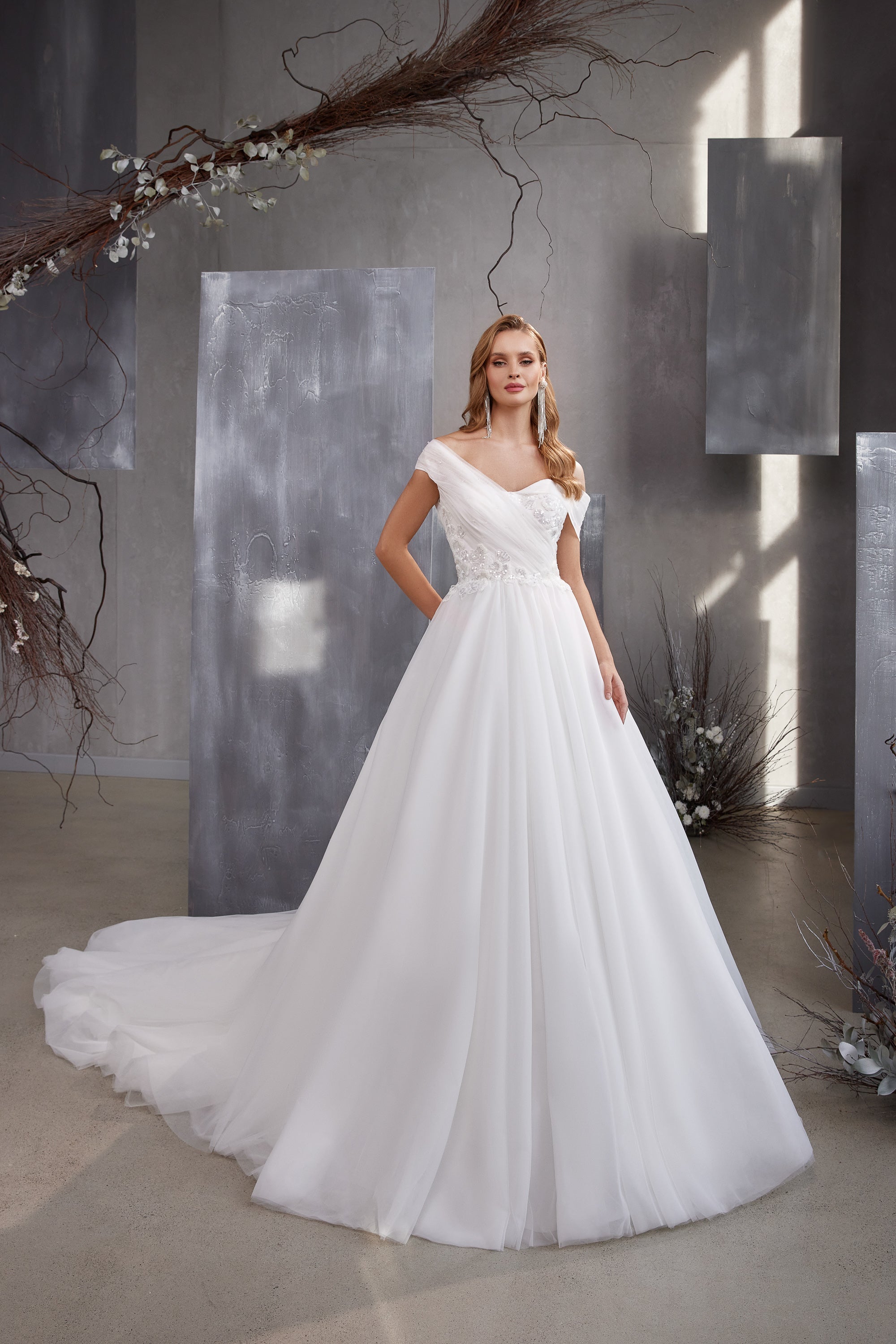 A-Line Wedding Dress with Off-The-Shoulder Draping