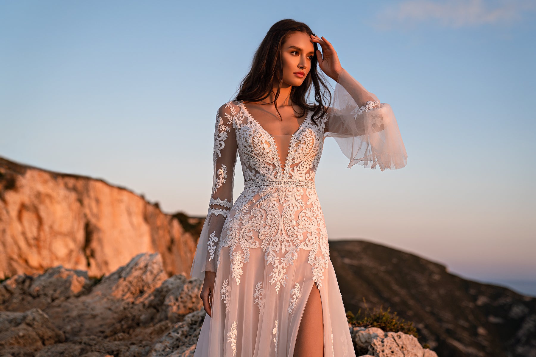 A-Line Wedding Dress with Floral Lace, Flared Sleeves and Slit