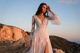 A-Line Wedding Dress with Floral Lace, Flared Sleeves and Slit