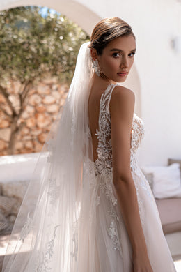 A-Line Wedding Dress with Detachable Lace Bishop Sleeves
