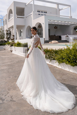 A-Line Wedding Dress with High Neck and Floral Lace
