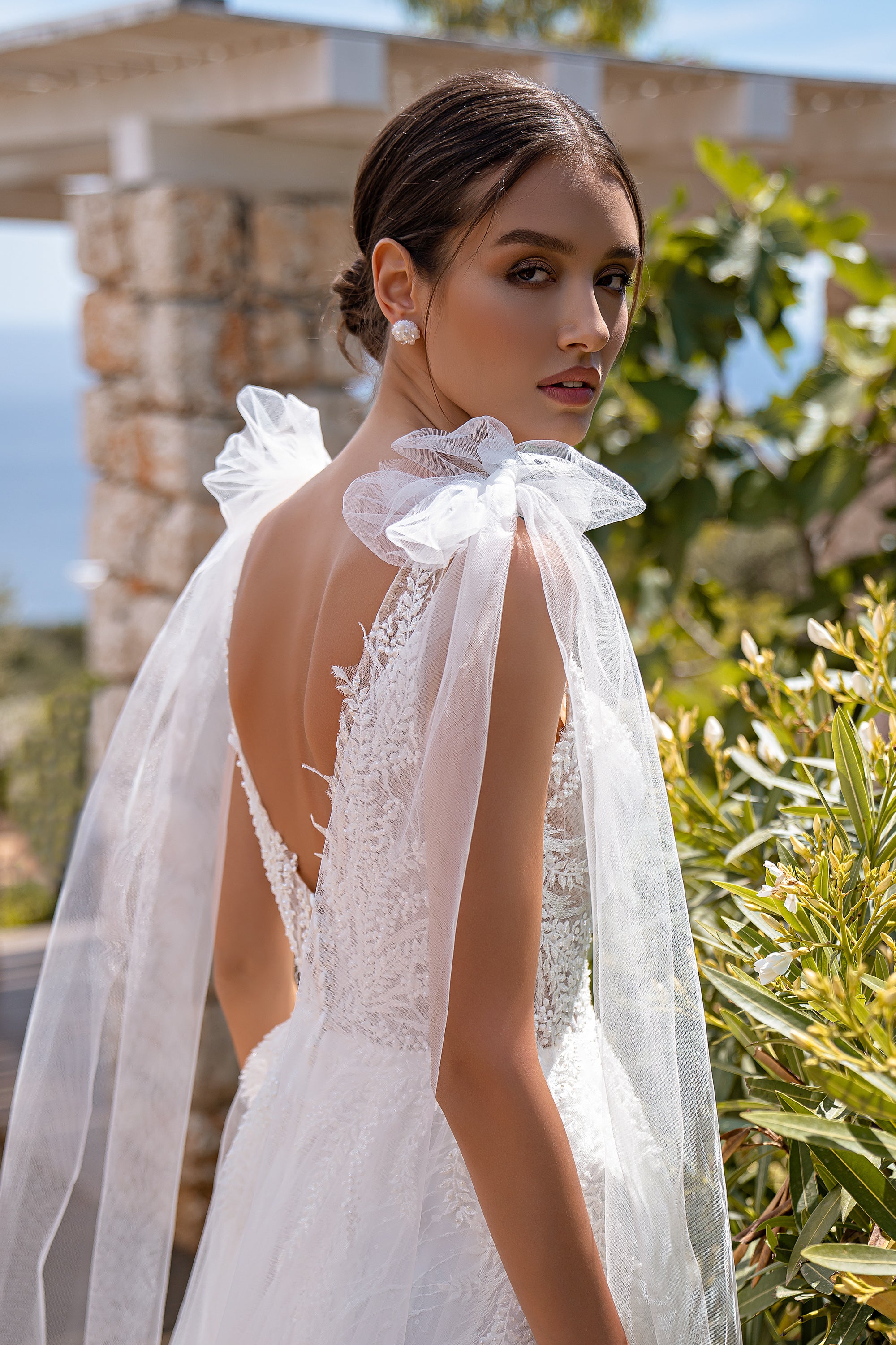 A-Line Wedding Dress with Leaf Lace Bodice and Front Slit