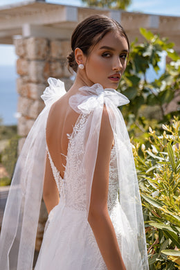 A-Line Wedding Dress with Leaf Lace Bodice and Front Slit