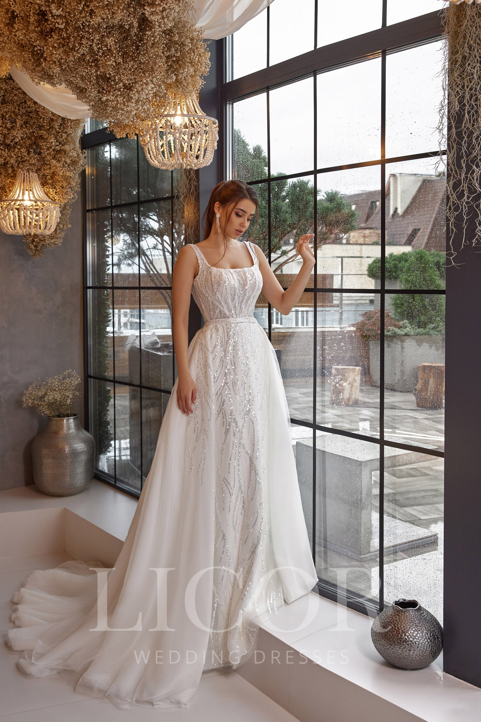 Sheath Wedding Dress, Square Neckline, Sleeveless, Tulle With Beading And Sequins, Embellished Bodice, Sweep Train, Floor-Length, Romantic