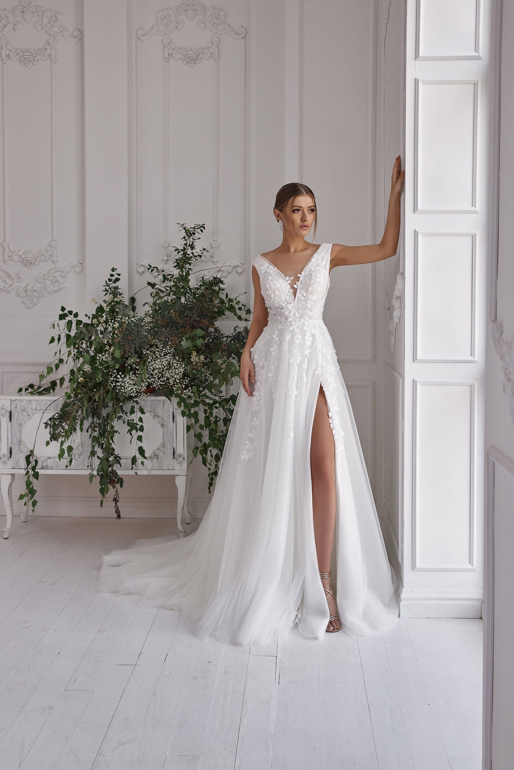A-Line Wedding Dress with 3D Floral Appliqués