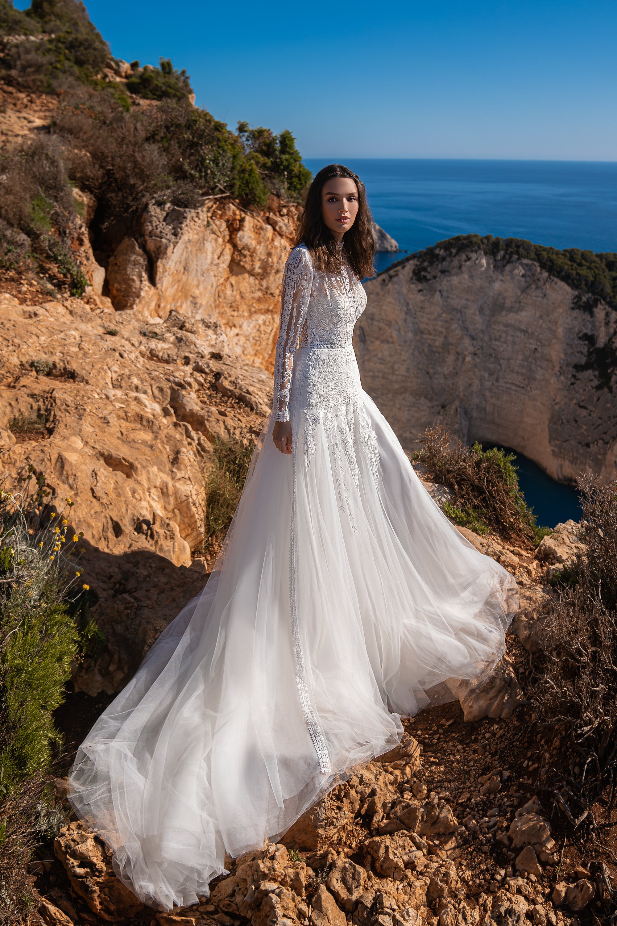 Sophisticated Wedding Dress with Guipure Embroidery and Boho Braid, Unique Back Cut with Buttons