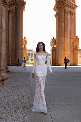 Designer Bridal Set - Mermaid Silhouette Dress w/ Long Sleeves, Detachable Train, Bâteau Neckline, Removable Belt, Stretch Crepe, Translucent Net, Guipure, Beads & Sequins