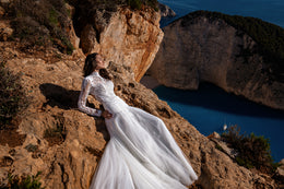Sophisticated Wedding Dress with Guipure Embroidery and Boho Braid, Unique Back Cut with Buttons