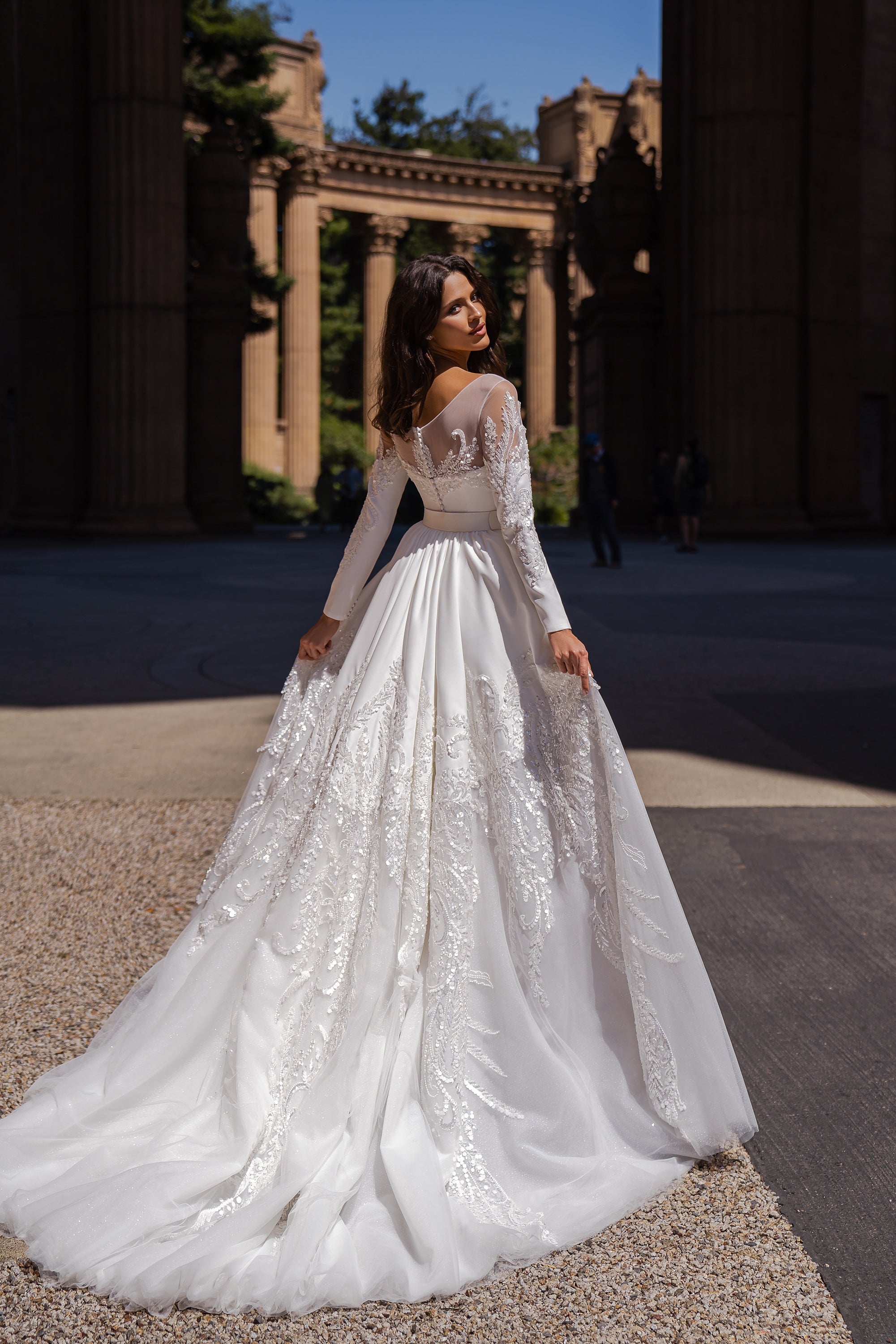 Designer Bridal Set - Mermaid Silhouette Dress w/ Long Sleeves, Detachable Train, Bâteau Neckline, Removable Belt, Stretch Crepe, Translucent Net, Guipure, Beads & Sequins