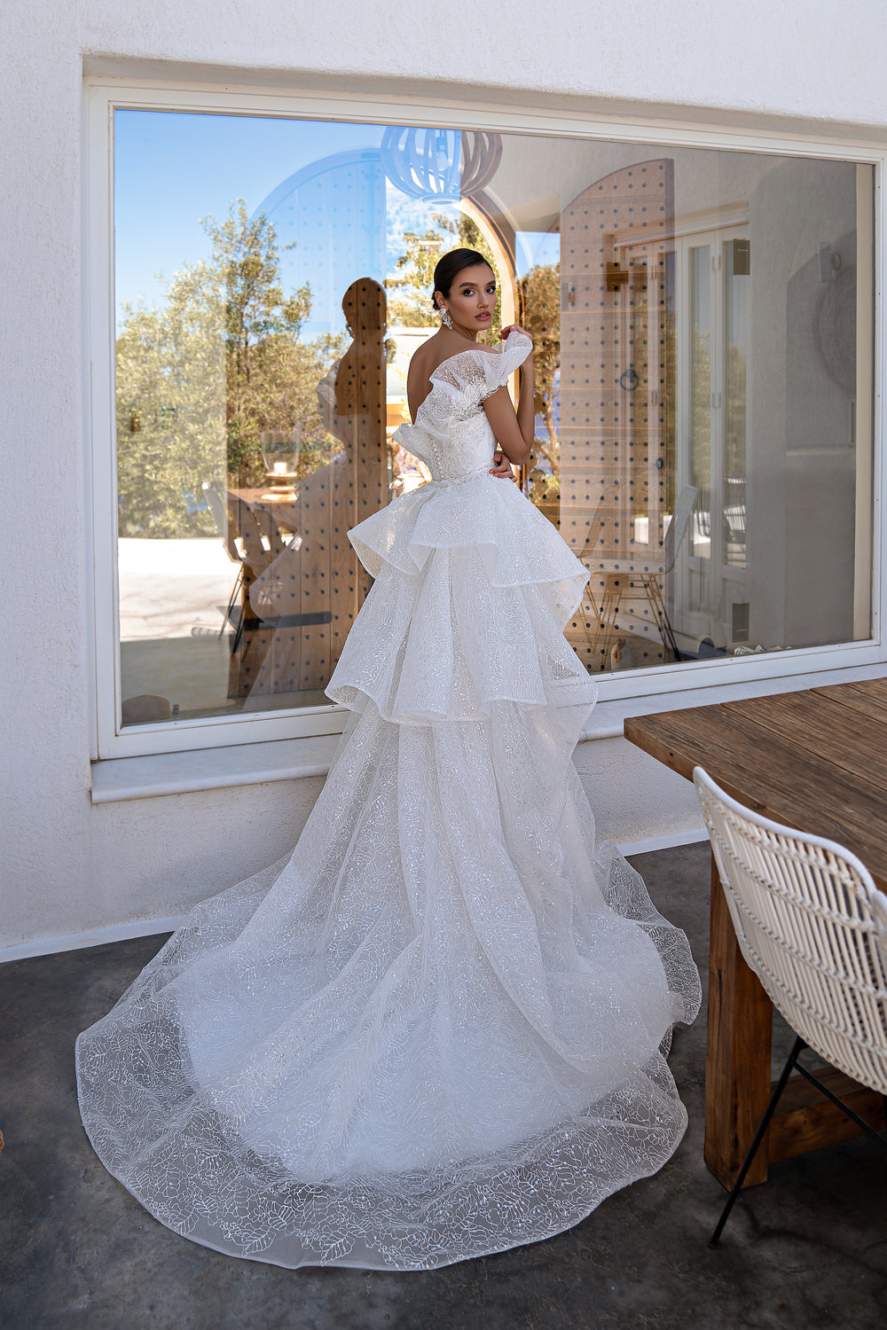 Mermaid Wedding Dress with Asymmetrical Guipure, Detachable Train, Lace Embroidery, Sequins, Ruffle, and Beads