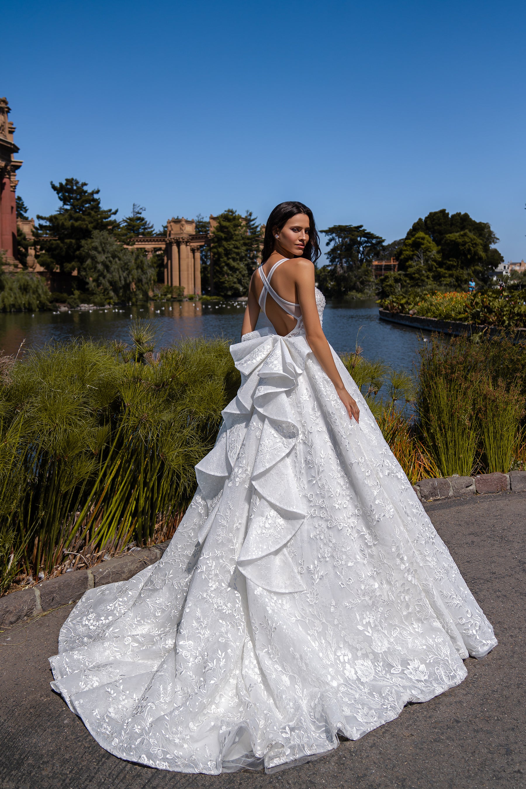 Ball Gown Wedding Dress with Plunging V-Neckline and Bow Back