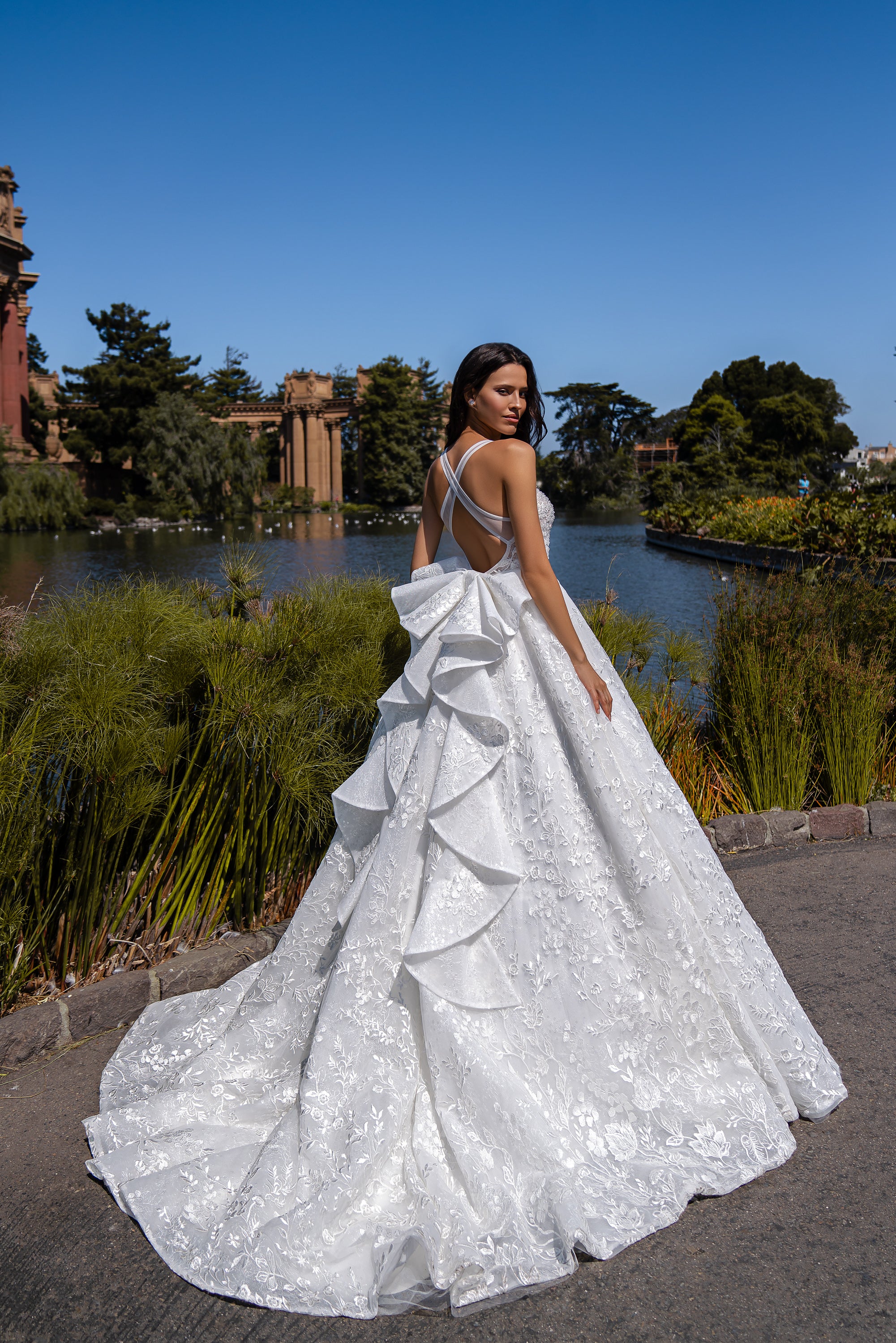 Ball Gown Wedding Dress with Plunging V-Neckline and Bow Back