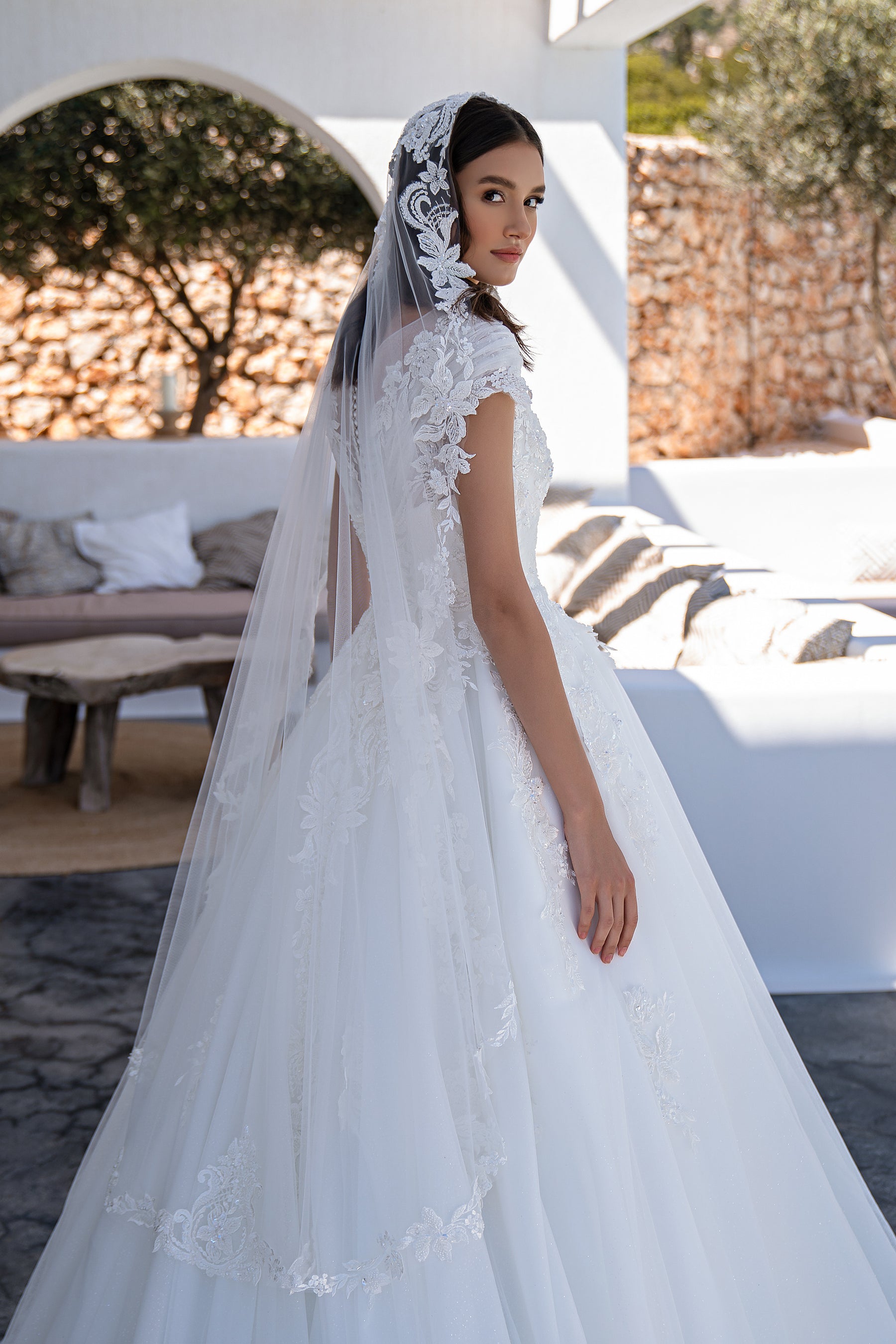 Romantic Princess Wedding Dress with Detachable Skirt & Train, Boat Neckline, Crystal Embroidery & Tulle Sparkle