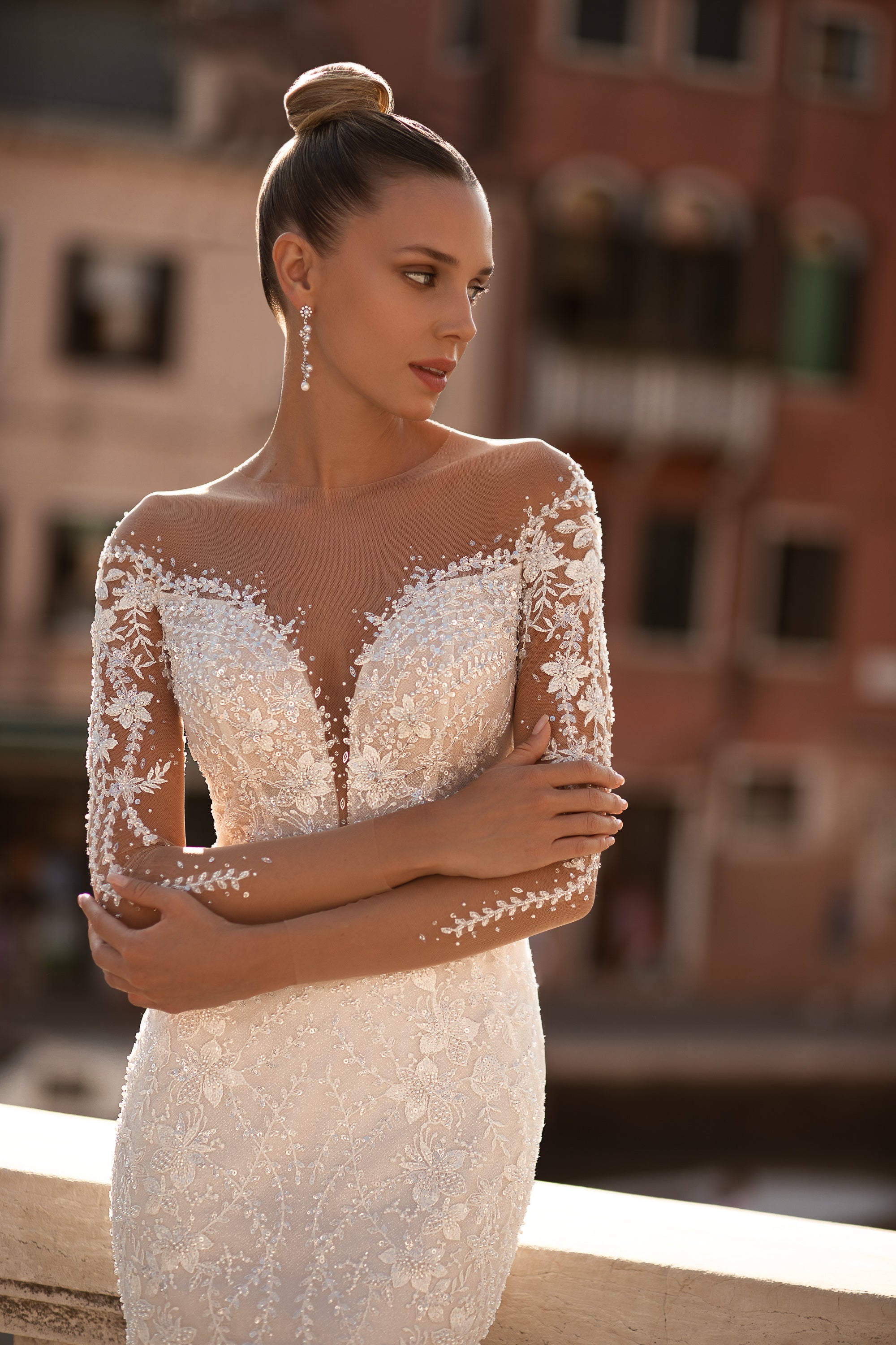 Mermaid Wedding Dress with Lace Long Sleeves, Deep V-Neck, and Tulle Train