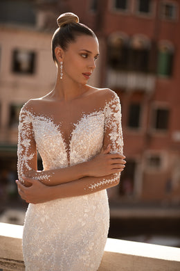 Mermaid Wedding Dress with Lace Long Sleeves, Deep V-Neck, and Tulle Train