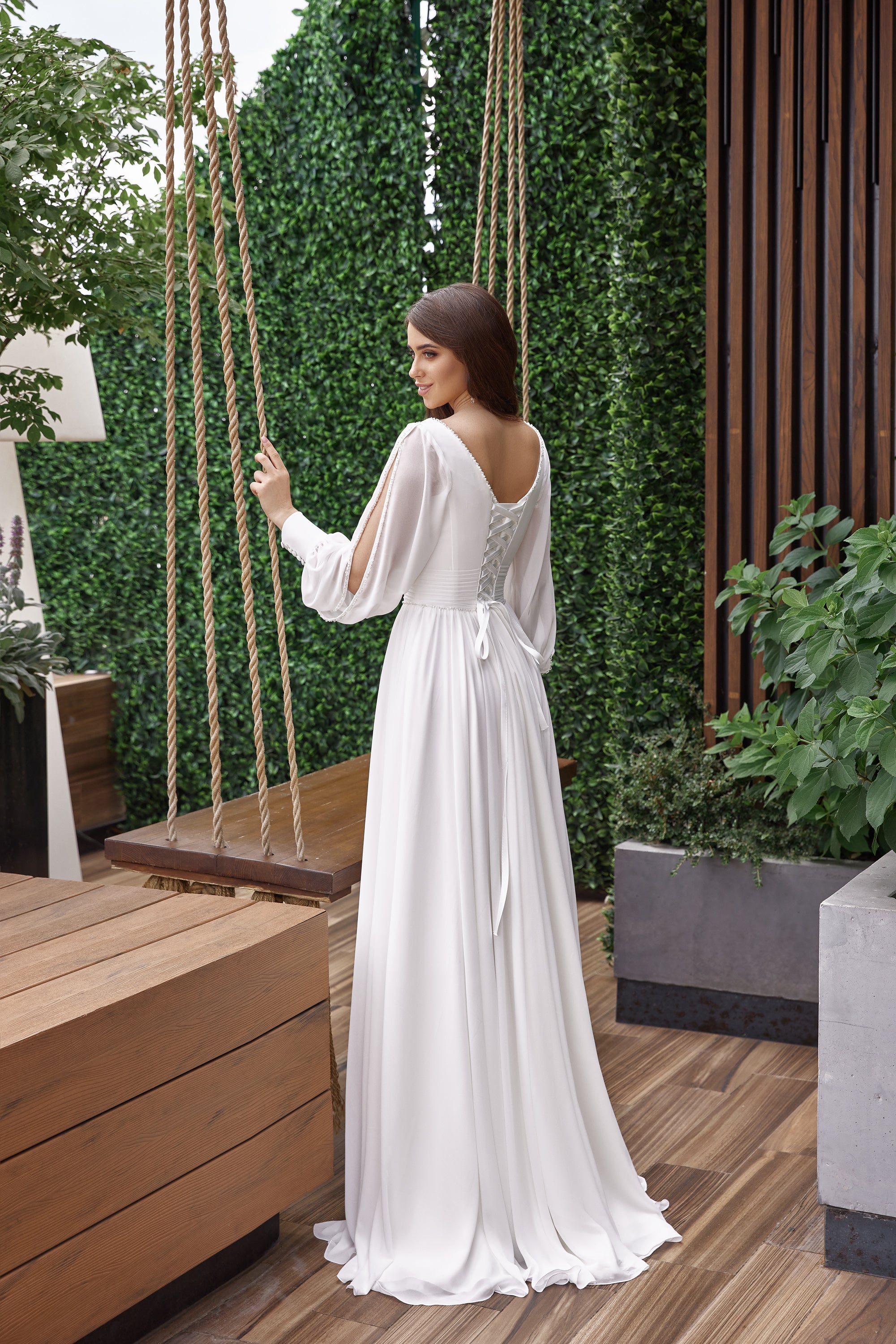 A-Line Wedding Dress With Deep V-Neck, Long Bishop Sleeves, Satin Crepe Skirt and Sweep Train