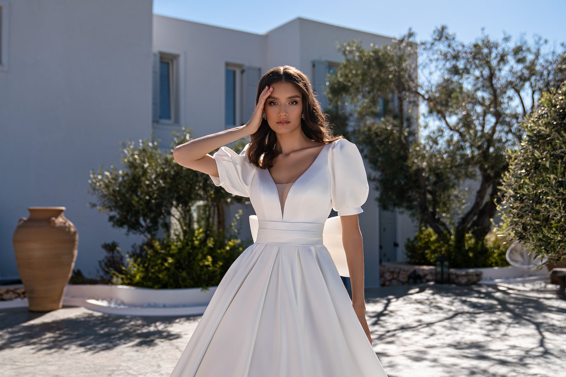 Luxurious Satin Wedding Dress with Train, Removable Bow, and Lantern Sleeves - Minimalist Style