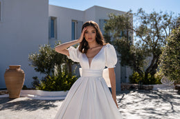 Luxurious Satin Wedding Dress with Train, Removable Bow, and Lantern Sleeves - Minimalist Style
