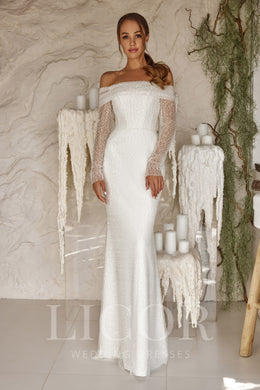 Romantic A-Line Wedding Dress With Beaded Tulle Overlay, Off-the-Shoulder Neckline, Long Sleeves, Cathedral Train