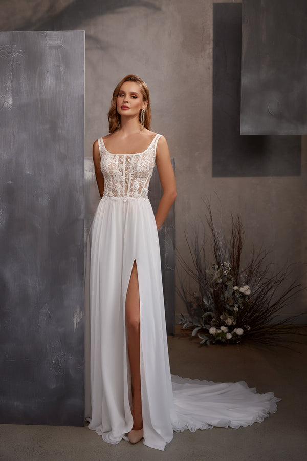 Wedding Dress with Square Neckline, Tunnel Braid, Handmade Buttons, Slit, and Guipure Embroidery