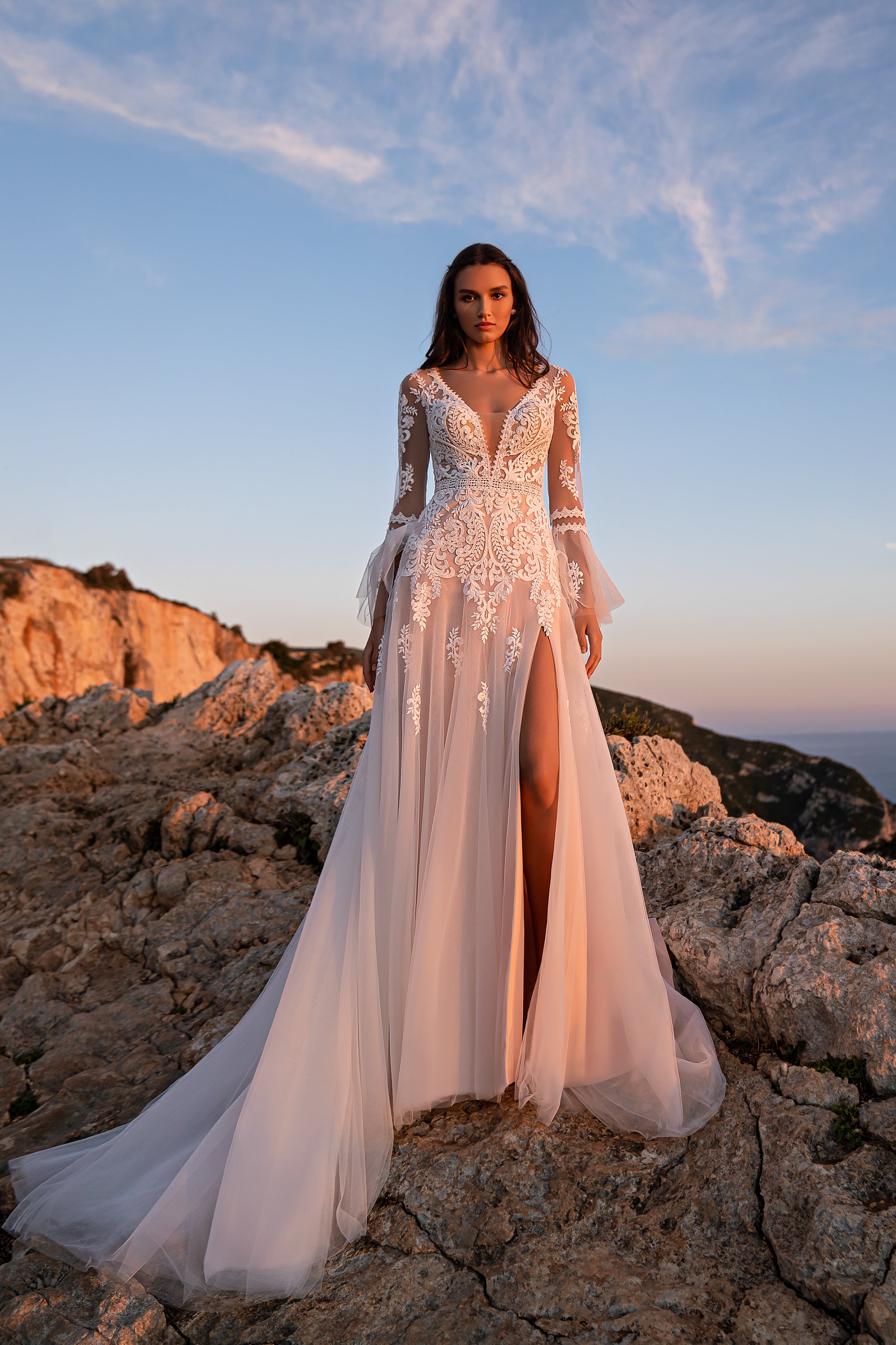 A-Line Wedding Dress with Floral Lace, Flared Sleeves and Slit