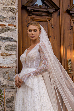 Exquisite A-Line Dress with Embroidered Guipure, Beads, Sequins, V-Neck Bodice, Hidden Lacing, Ruffled Sleeves, and Narrow Beaded Belt