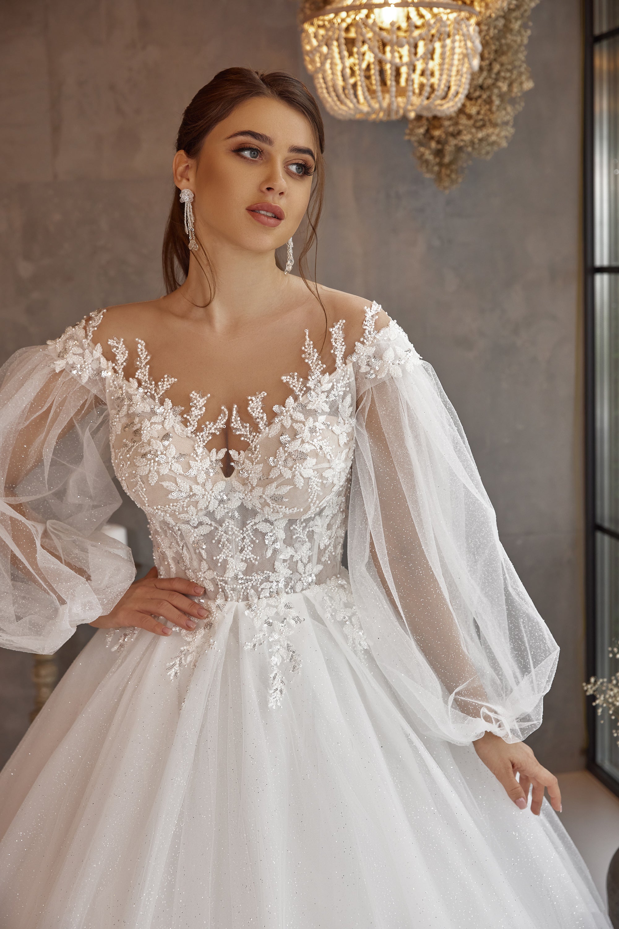 Ball Gown Wedding Dress in Tulle with Lace Appliqués and Beading, Off-The-Shoulder Illusion Neckline, Long Puff Sleeves, Cathedral Train