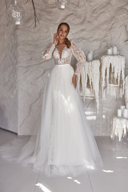 Romantic Mermaid Wedding Dress With Floral Lace Appliqués, Deep V-Neck Illusion, Long Lace Sleeves, Lace Overlay, Sweep Train