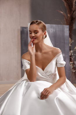 Satin Ball Gown Wedding Dress with Off-The-Shoulder Neckline