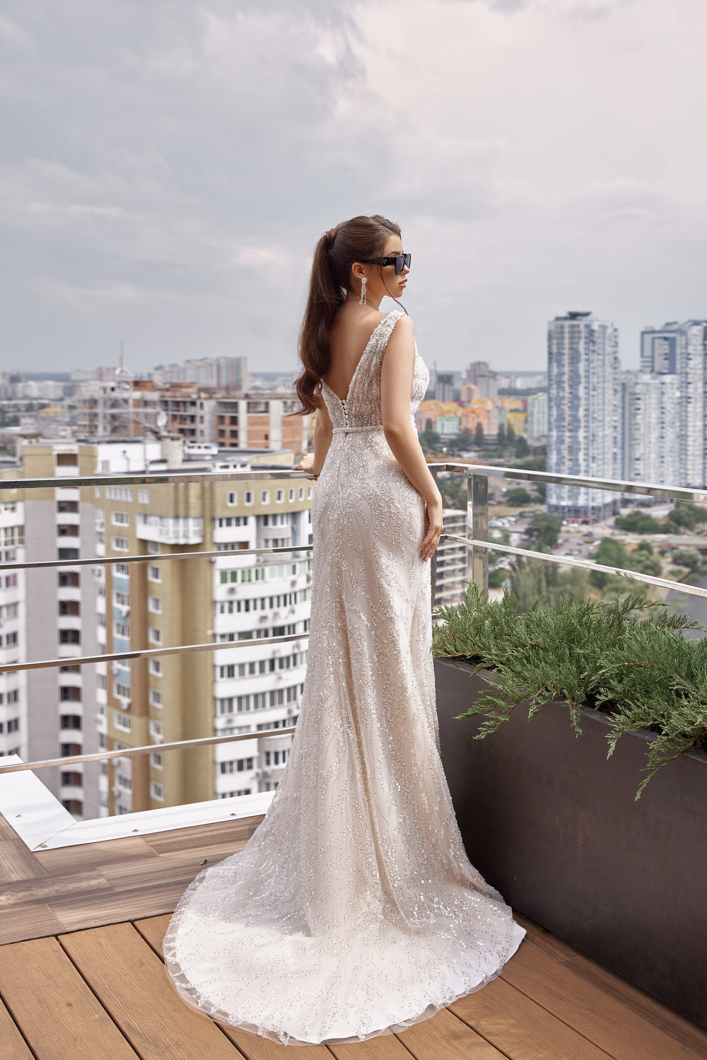 Mermaid Wedding Dress With Beading And Sequins On Tulle Overlay, V-Neck, Sleeveless, Embellished Bodice, Cathedral Train
